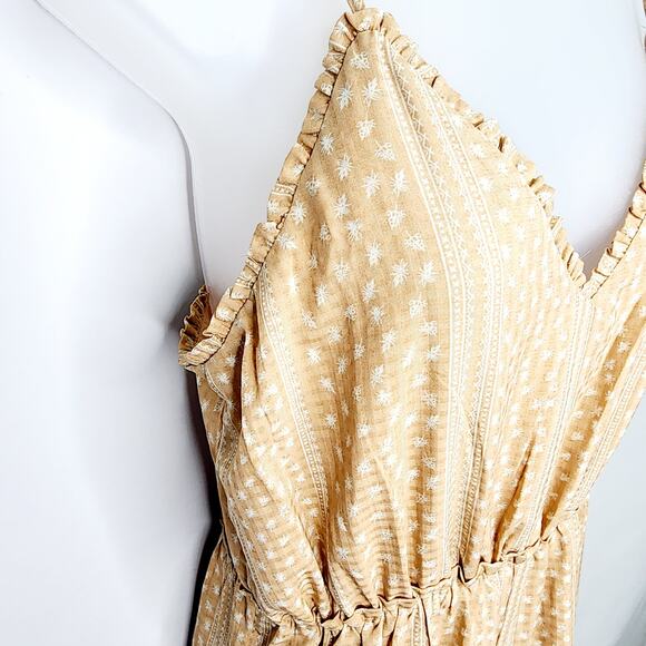 Storia Women's Tan Boho Jumpsuit Smocked/Elastic Back Ruffle Wide Leg Size S - Picture 7 of 11